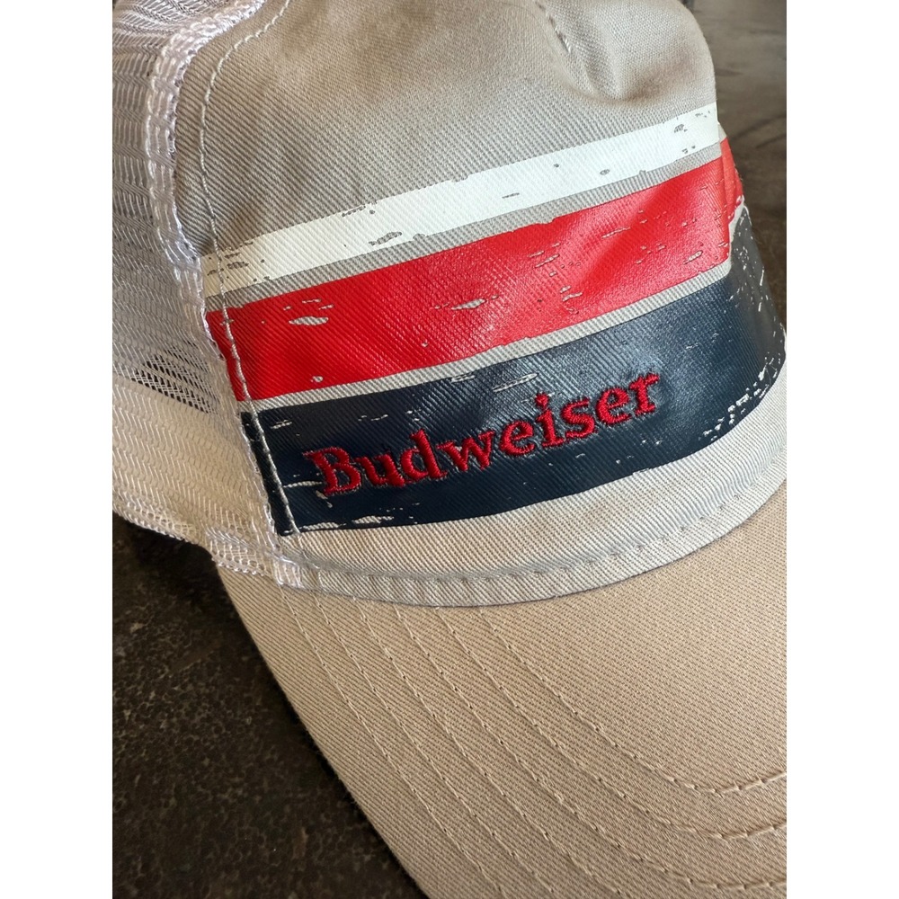 Budweiser Beer Trucker Hat Gray‎ Red White Blue Stripe Adult Mesh Cap Beach BBQ